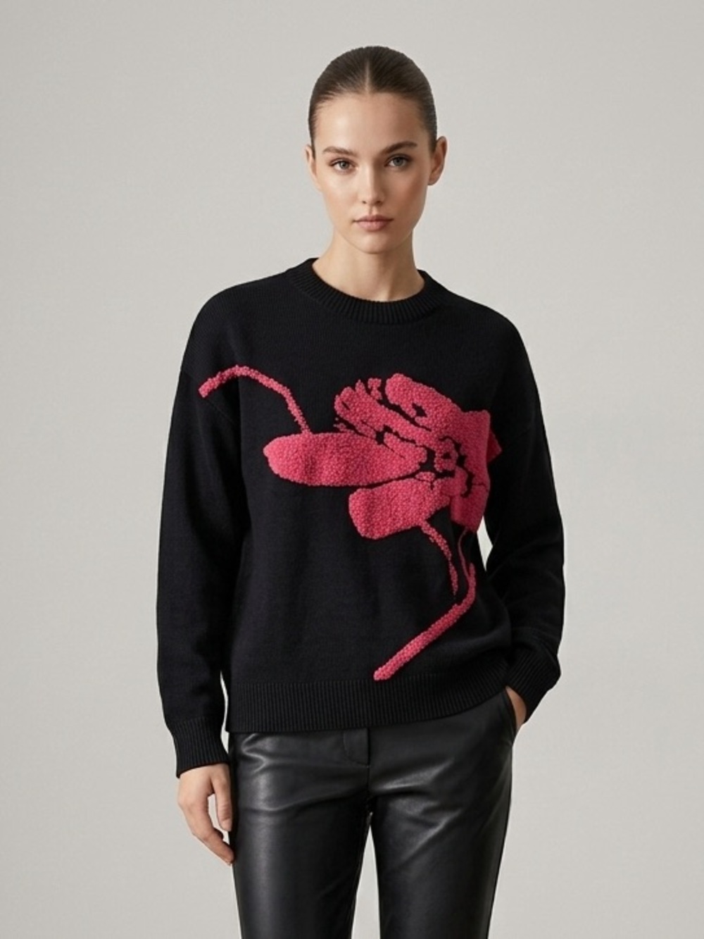 MOTF Black & Pink Floral Knit Crewneck Sweater Wool Blend Small